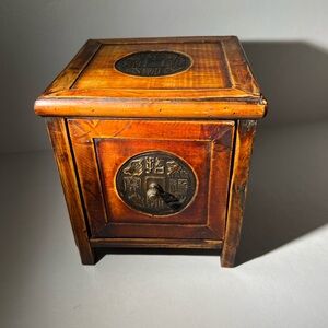 Vintage Asian Wood Box w/ Carved Coin Design 7.75x7.75x8.63”
